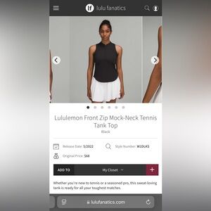 NWT Lululemon Front Zip Mock-Neck Tennis Tank Top
Black